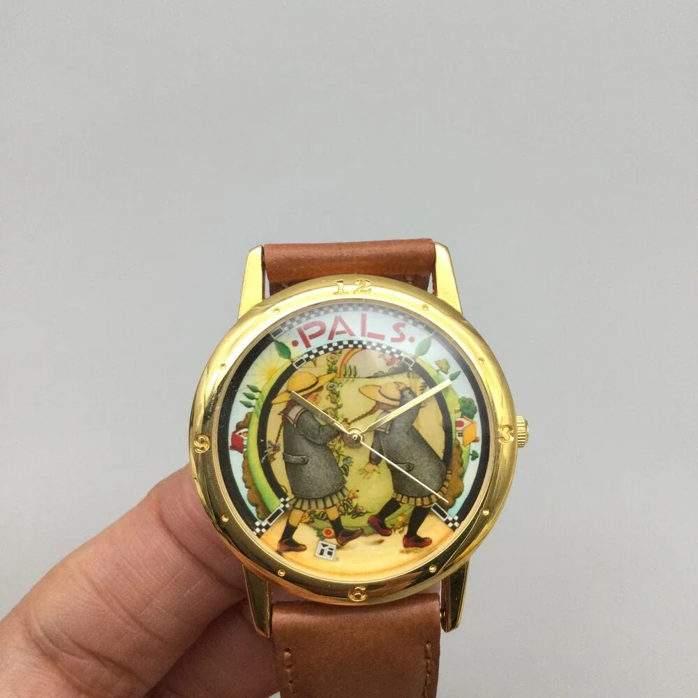 Mary Engelbreit Pals Womens Watch 34mm Gold Tone Brown Leather Band New Battery